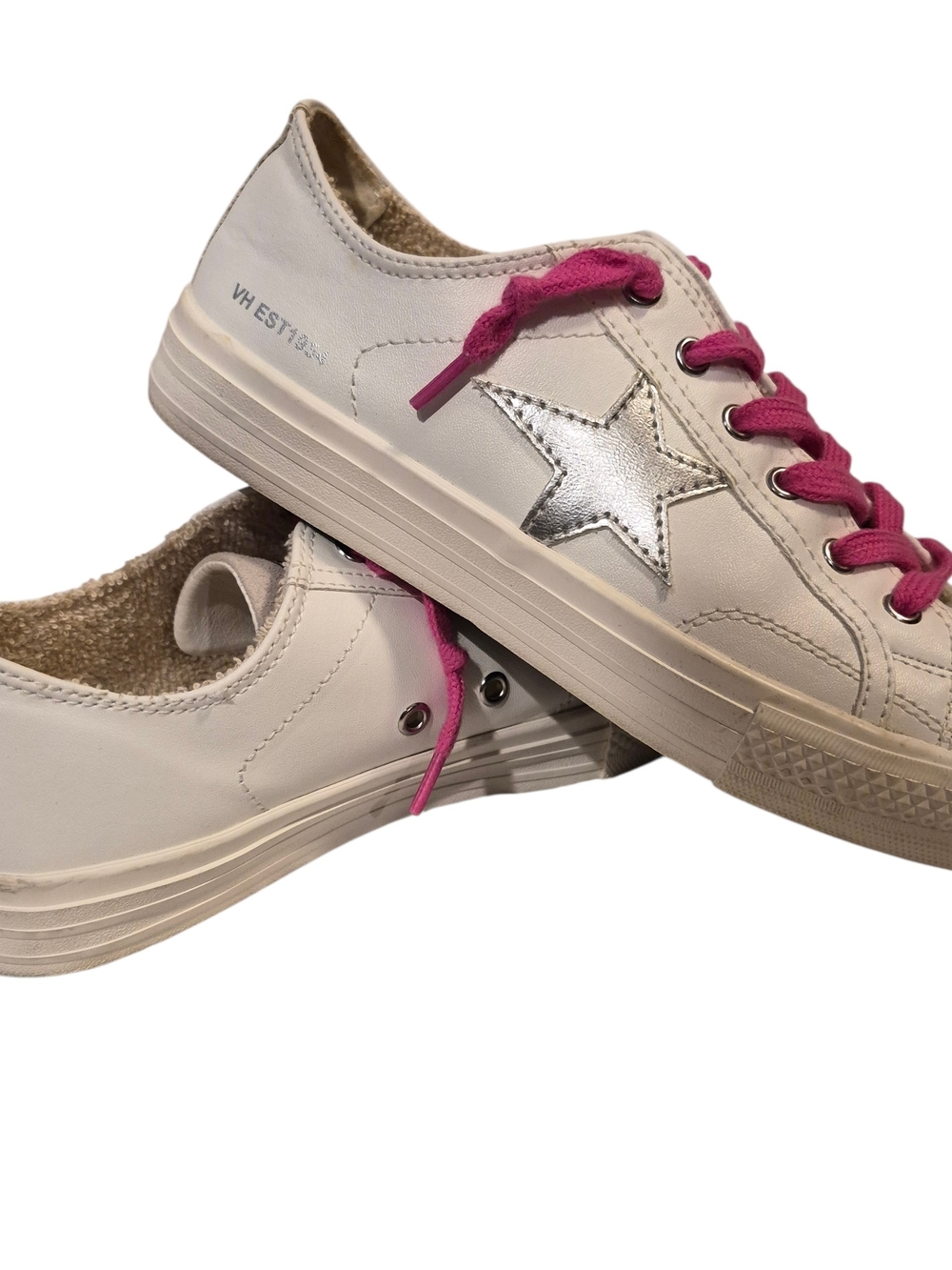 Vintage Havana Cream Leather Sneakers with Silver Star and Pink Laces
